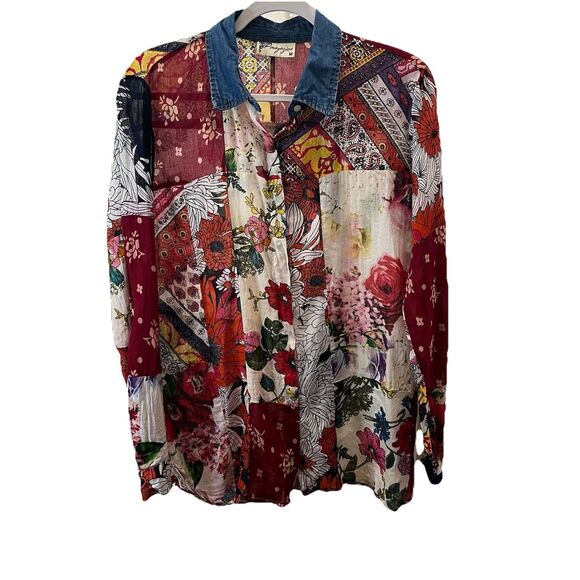 Magazine Floral Sheer Boho Red Blue V Neck Blouse Top Size M Roll Tab Sleeve - Picture 1 of 13